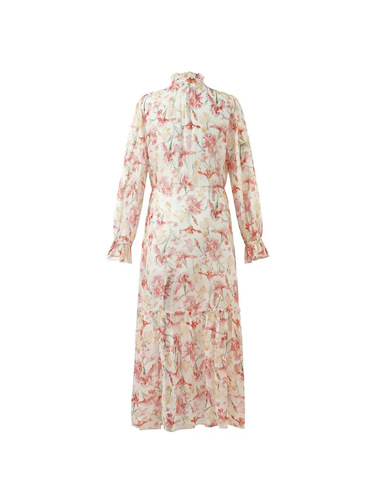 10 Momme Mulberry Silk Iris Print Lantern Sleeve Women Maxi Dress