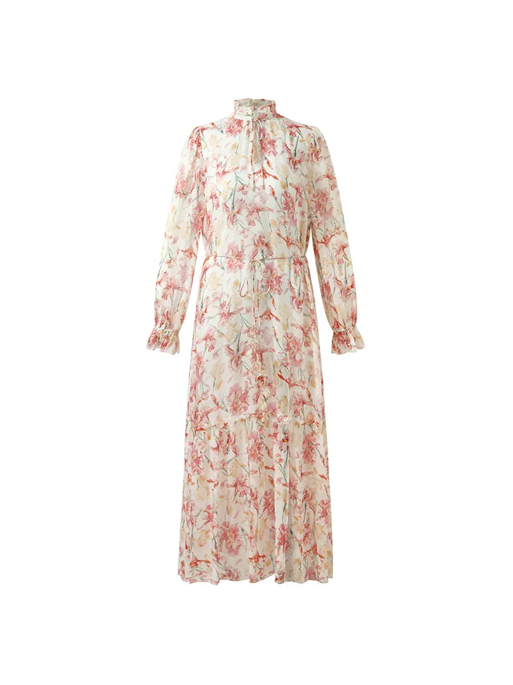 10 Momme Mulberry Silk Iris Print Lantern Sleeve Women Maxi Dress