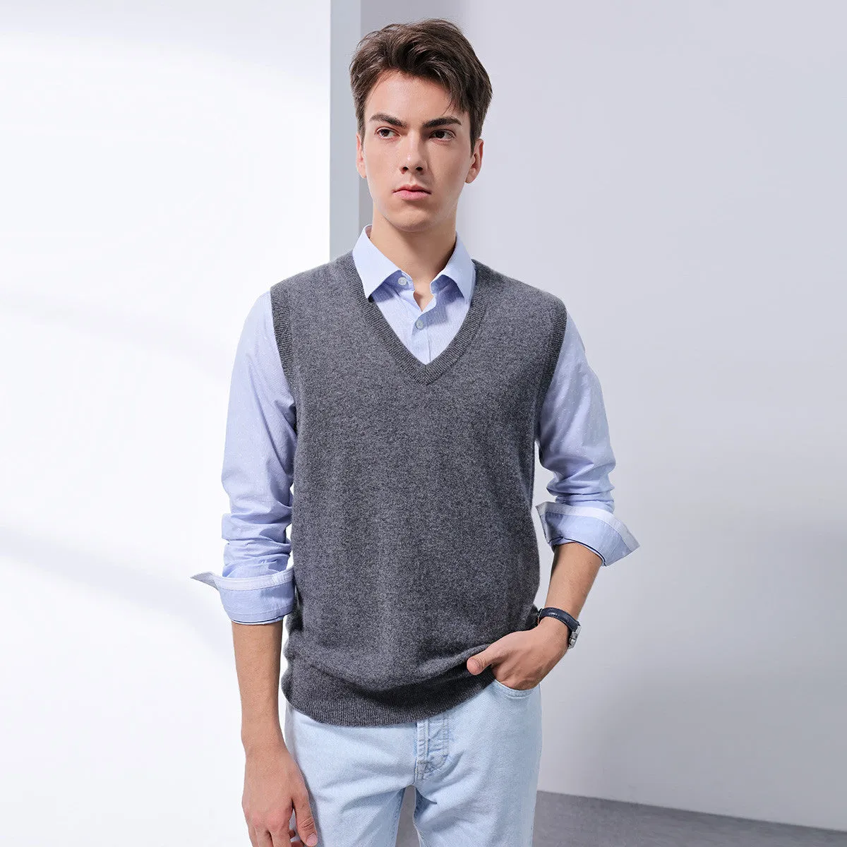 100% Cashmere Mens V Neck Vest