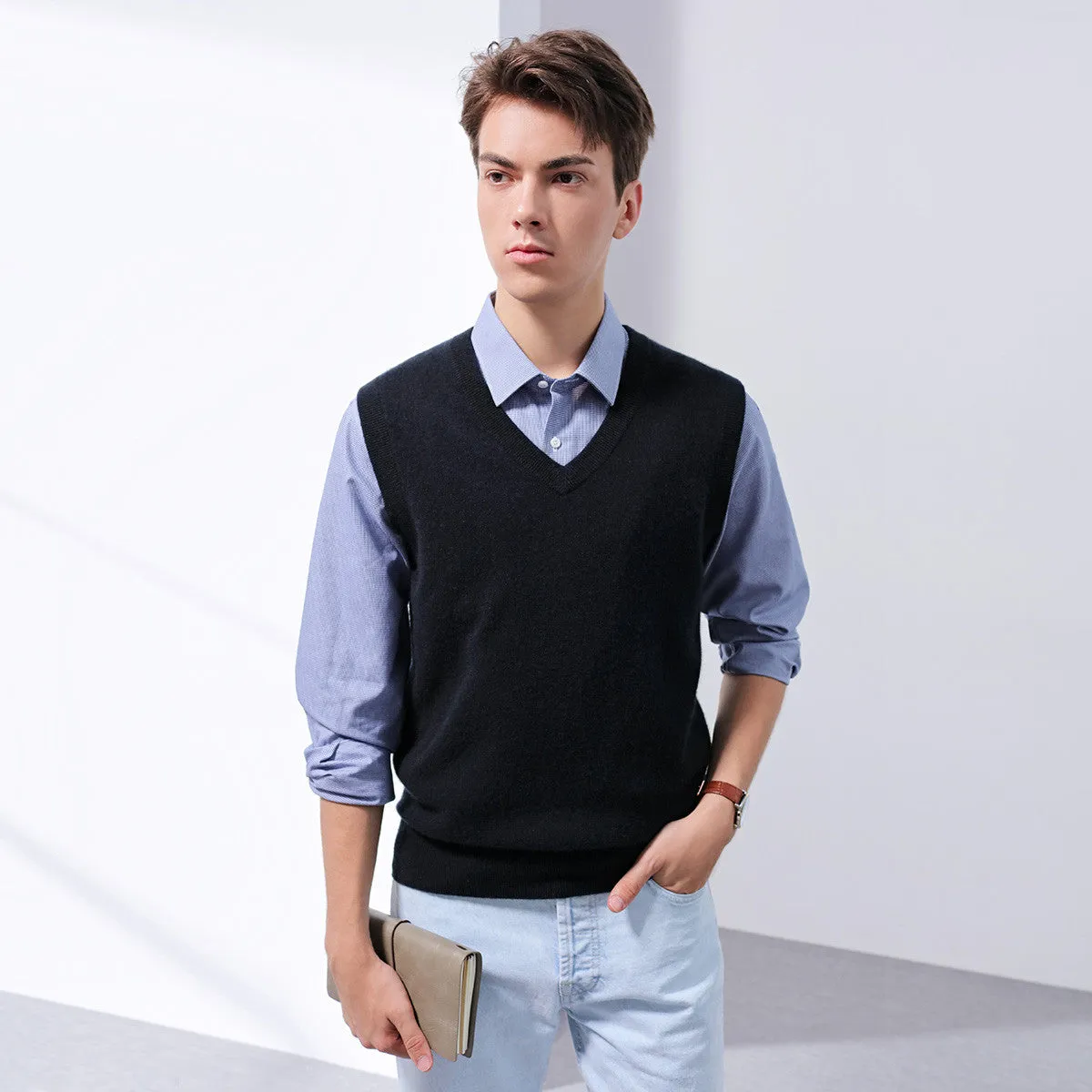 100% Cashmere Mens V Neck Vest