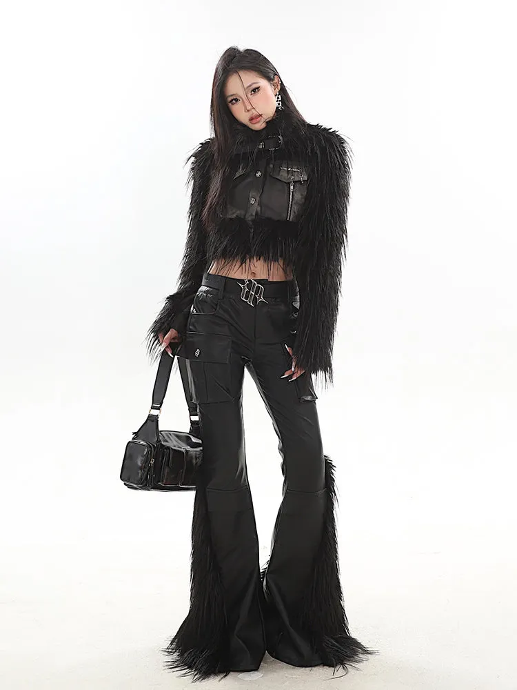 【23s November.】Niche Design Fur Patchwork Leather Trousers