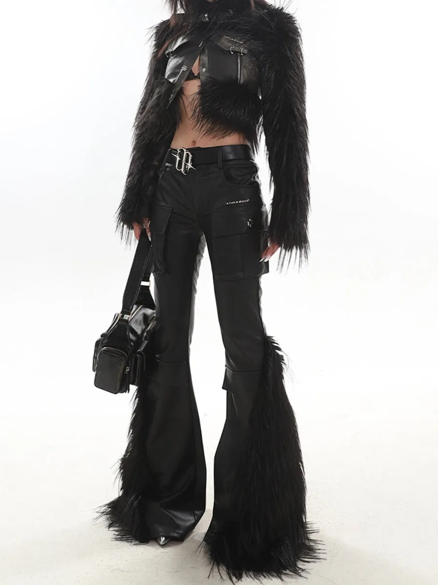 【23s November.】Niche Design Fur Patchwork Leather Trousers