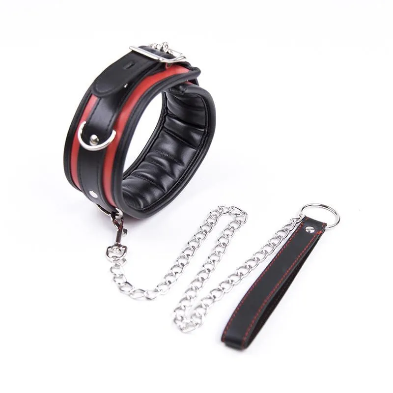 2503MQ      Locking Padded and Lined Black and Red Bondage Collar with Leash Set