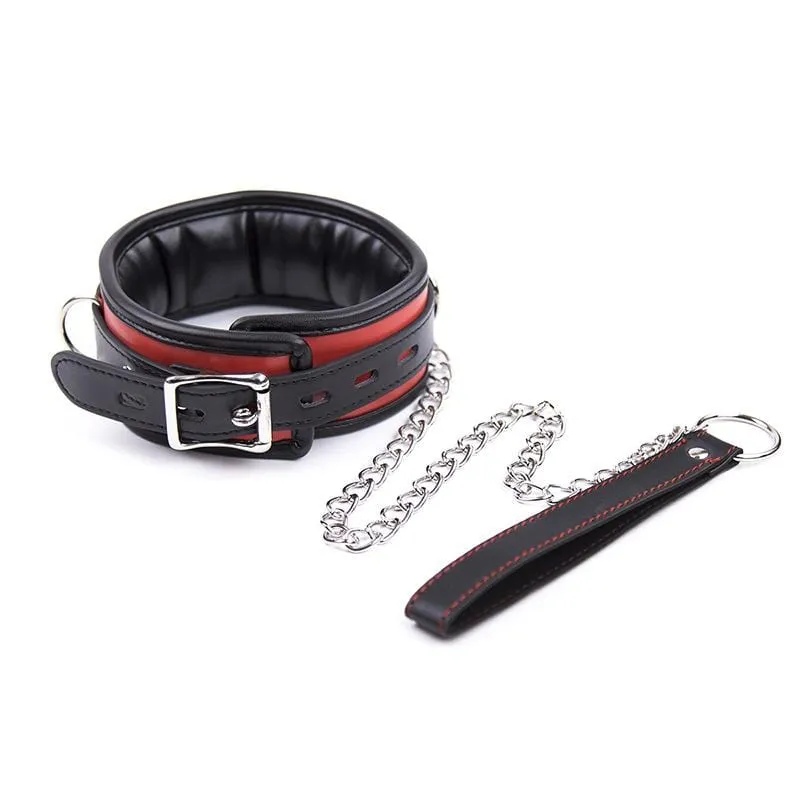 2503MQ      Locking Padded and Lined Black and Red Bondage Collar with Leash Set