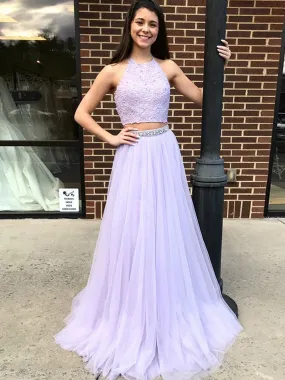 A Line Halter Neck Two Pieces Backless Lace Lavender Prom Dresses, Lavender Lace Formal Dresses, Two Pieces Lace Lavender Evening Dresses