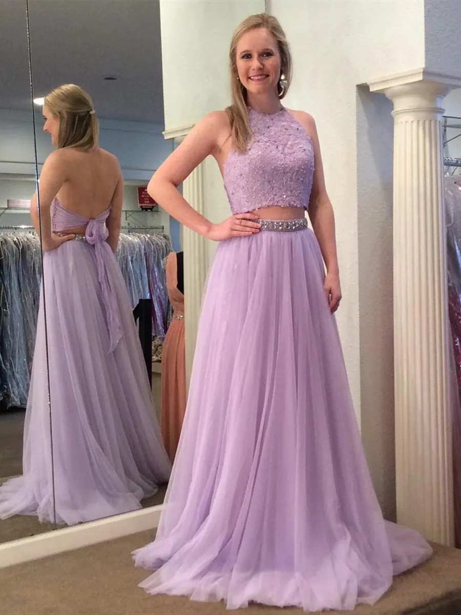 A Line Halter Neck Two Pieces Backless Lace Lavender Prom Dresses, Lavender Lace Formal Dresses, Two Pieces Lace Lavender Evening Dresses