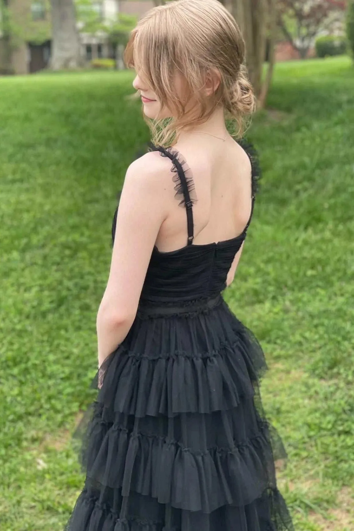 A Line V Neck Black Tulle Layered Long Prom Dress, Open Back V Neck Black Formal Graduation Evening Dress A1987