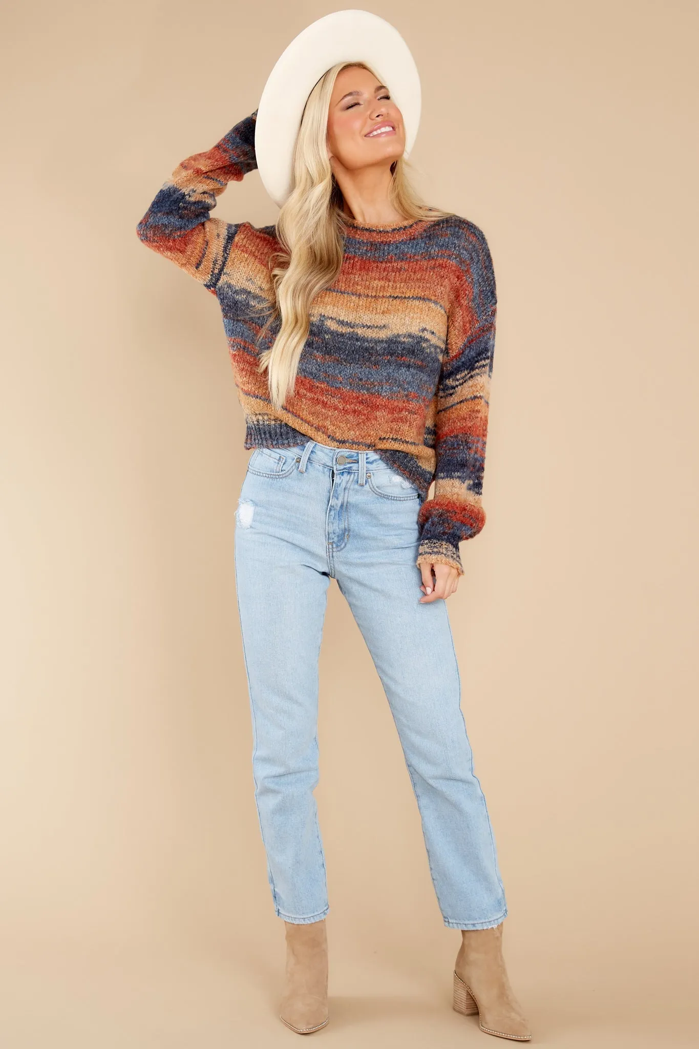 Admiring Sunsets Blue And Rust Knit Sweater