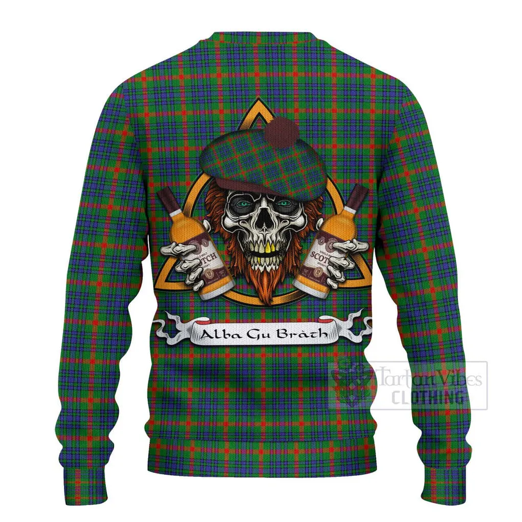 Aiton Tartan Ugly Sweater with Family Crest and Bearded Skull Holding Bottles of Whiskey