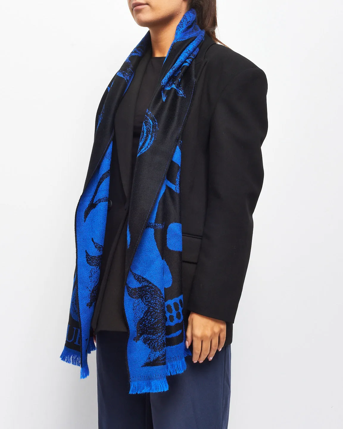 Alexander McQueen Blue Skull & Leaf Print Knit Scarf