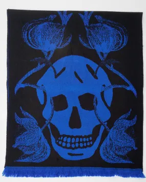 Alexander McQueen Blue Skull & Leaf Print Knit Scarf