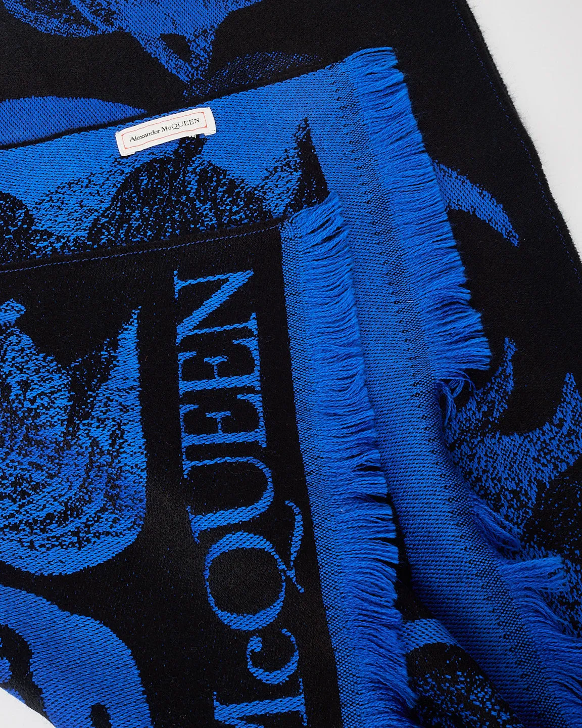 Alexander McQueen Blue Skull & Leaf Print Knit Scarf