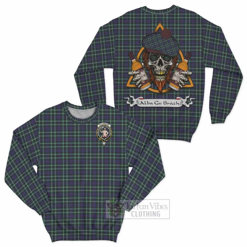 Allardice Tartan Sweatshirt with Family Crest and Bearded Skull Holding Bottles of Whiskey