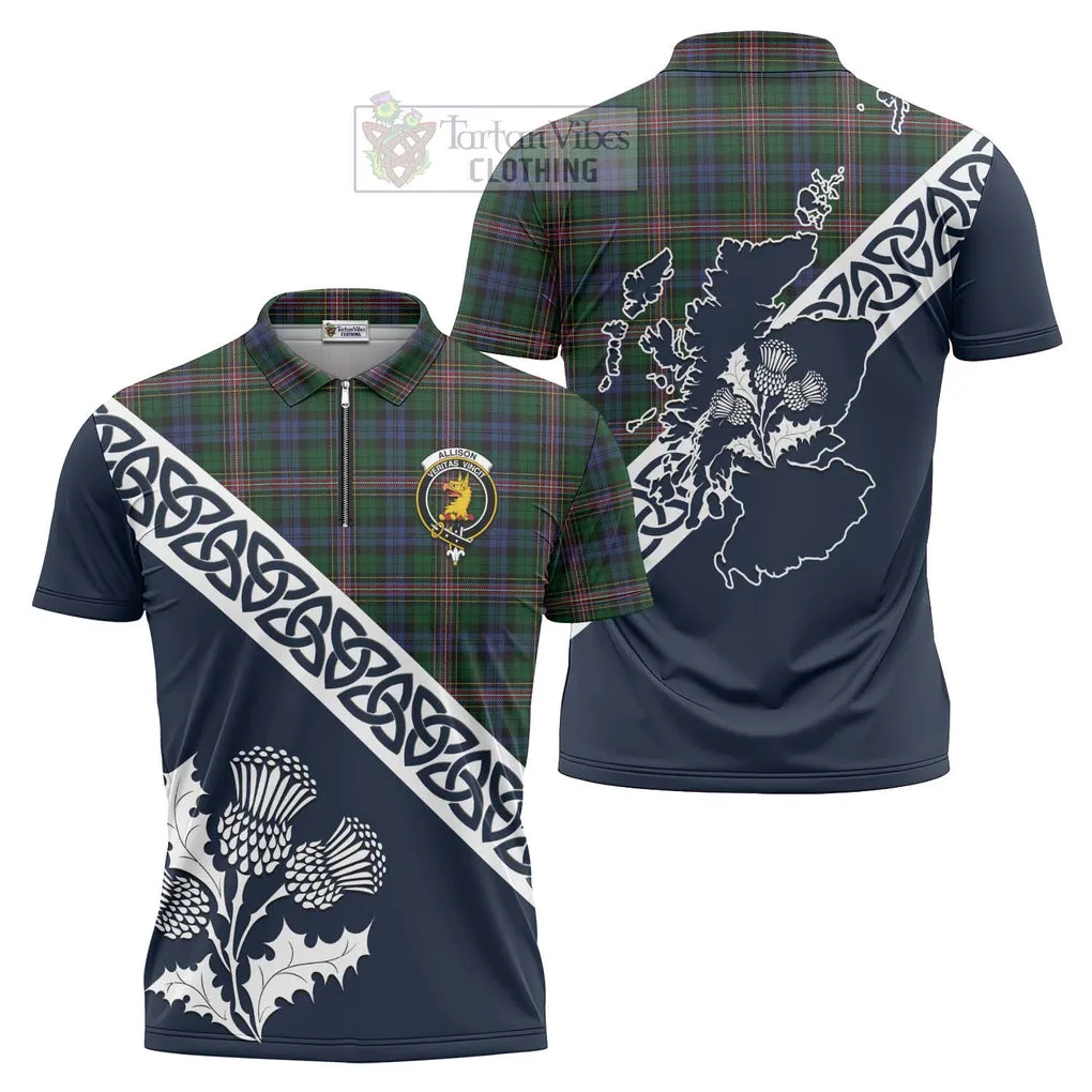 Allison Tartan Zipper Polo Shirt Featuring Thistle and Scotland Map