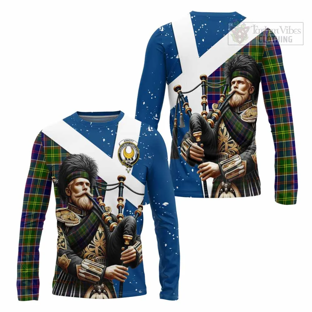 Arnott Tartan Long Sleeve T-Shirt with Family Crest Scottish Bagpiper Vibes