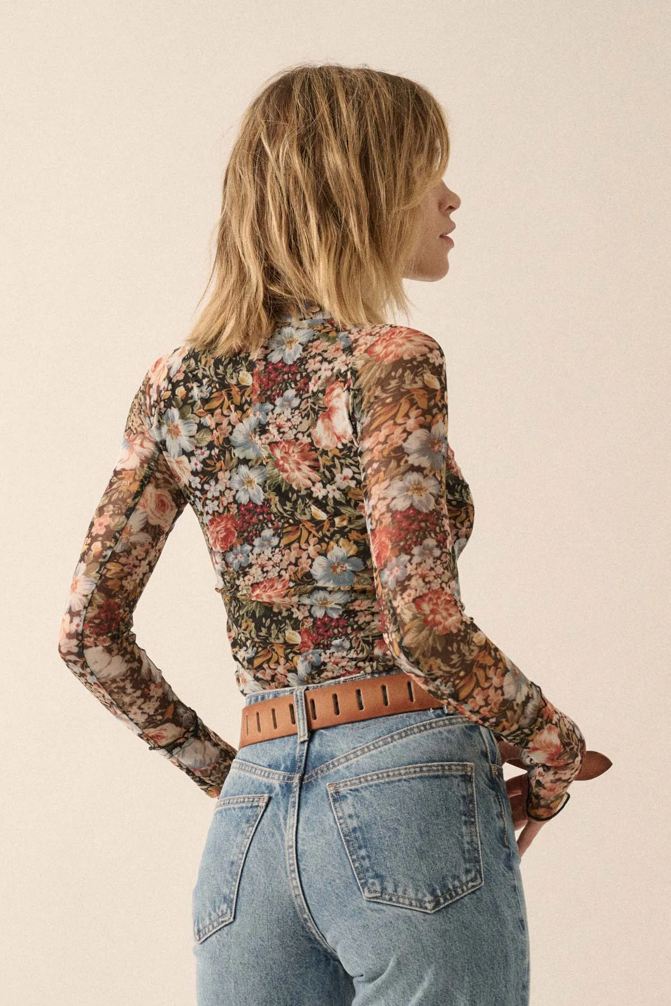 Autumn Blossoms Floral Mesh Mock-Neck Thumbhole Top