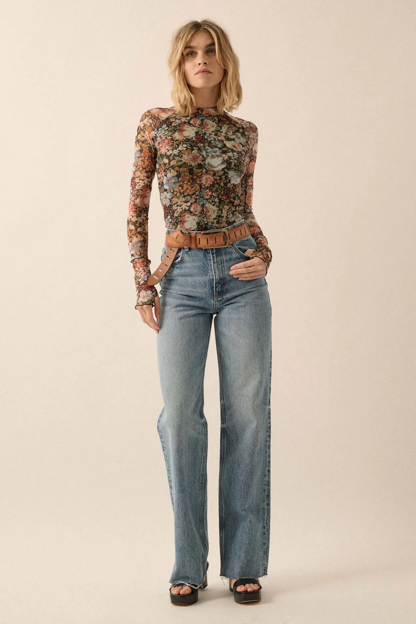 Autumn Blossoms Floral Mesh Mock-Neck Thumbhole Top