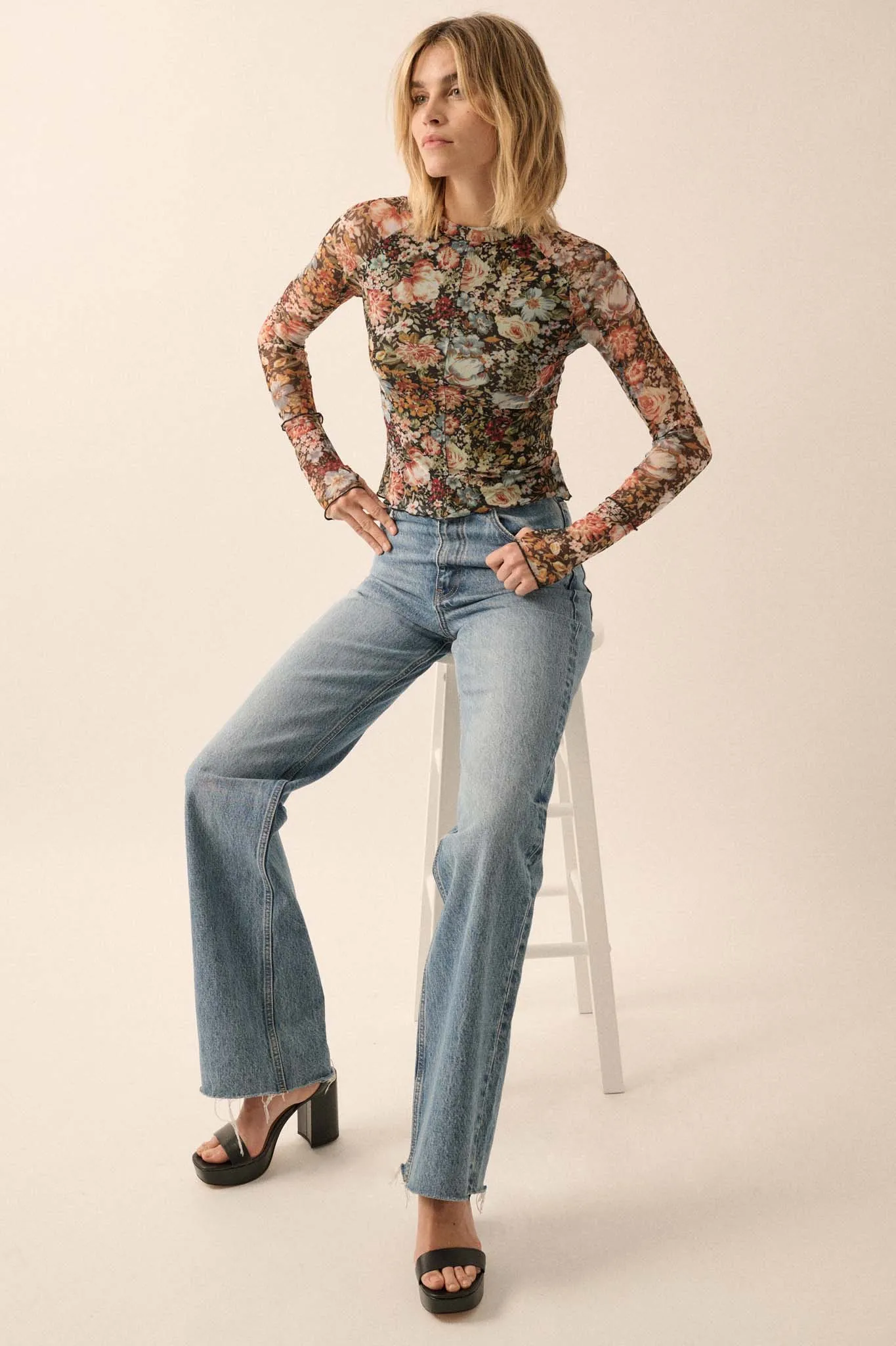 Autumn Blossoms Floral Mesh Mock-Neck Thumbhole Top