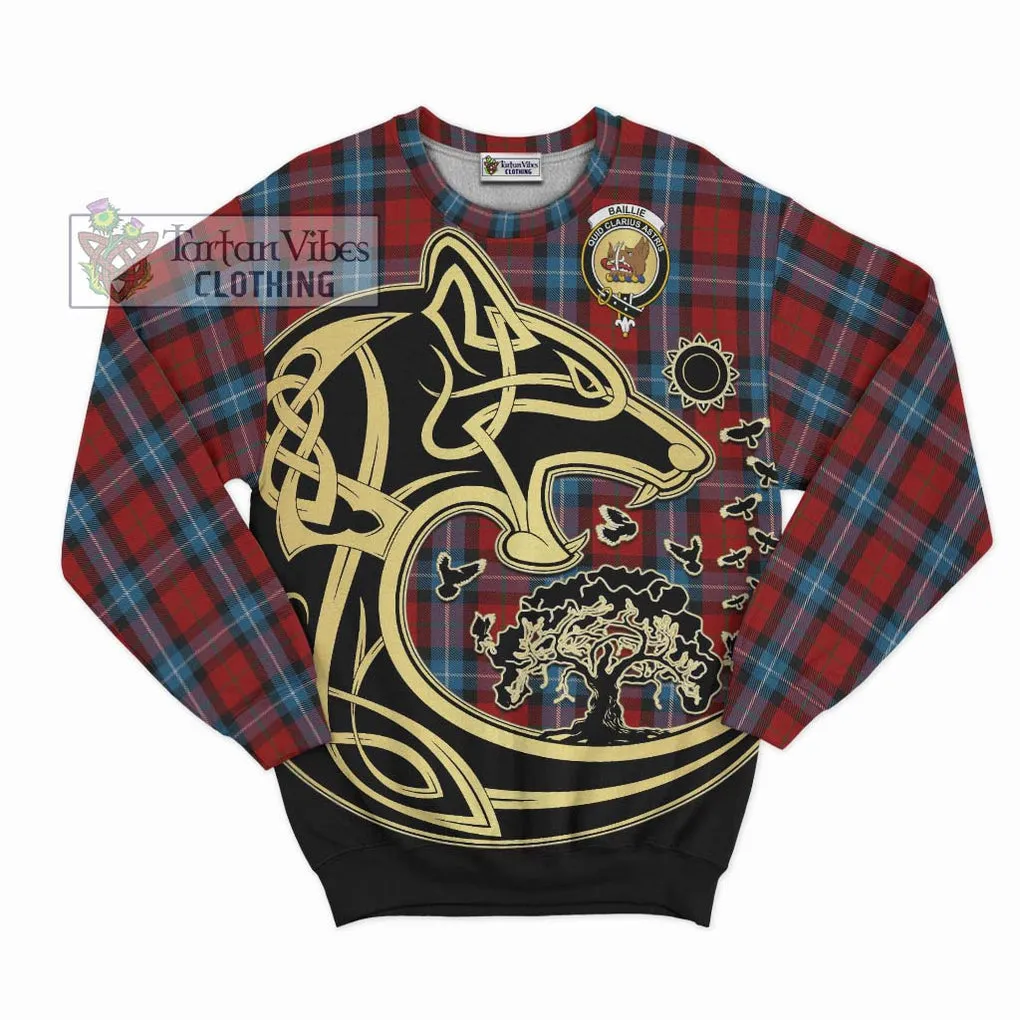 Baillie of Polkemmet Red Tartan Sweatshirt with Family Crest Celtic Wolf Style