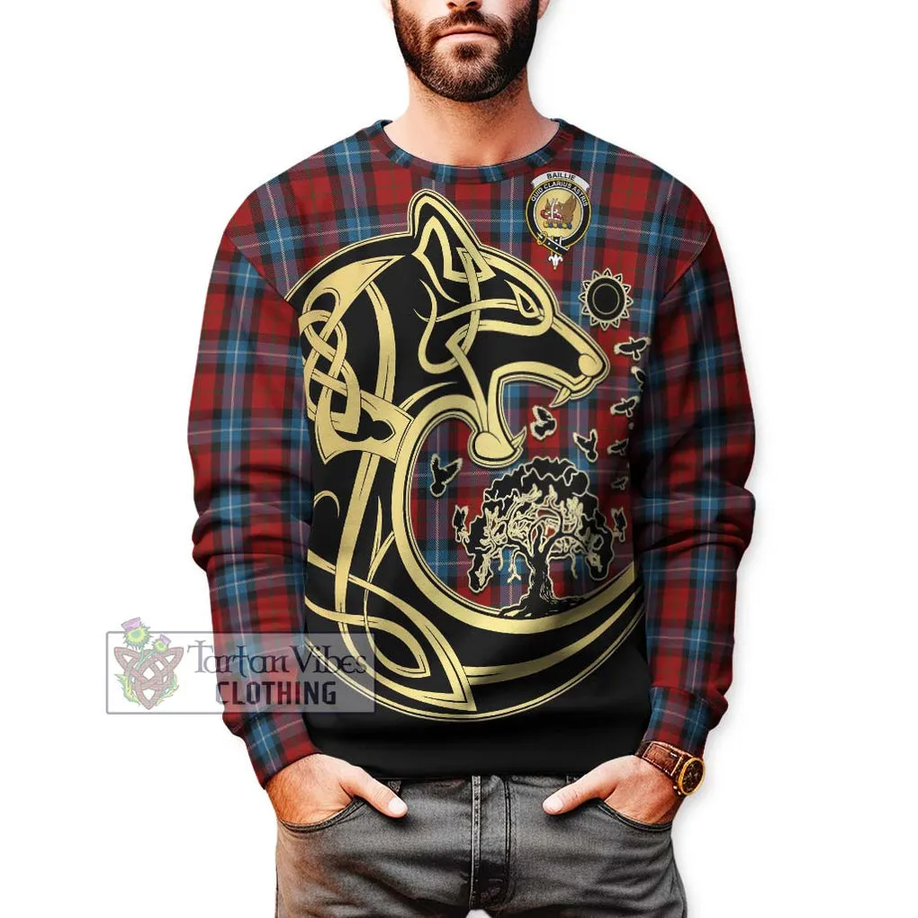 Baillie of Polkemmet Red Tartan Sweatshirt with Family Crest Celtic Wolf Style