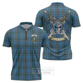 Bain Tartan Zipper Polo Shirt with Family Crest Celtic Skull Style