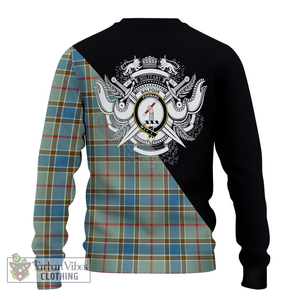 Balfour Blue Tartan Ugly Sweater with Family Crest and Military Logo Style