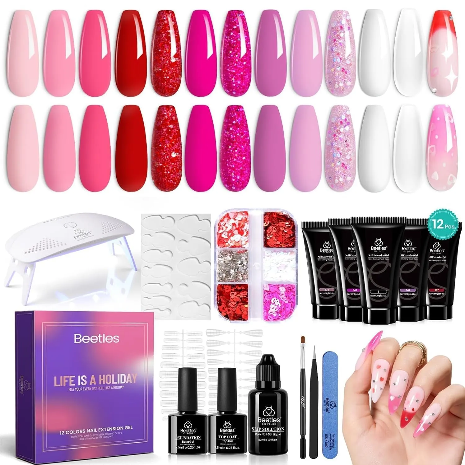 Beetles UV Nail Extension Gel Kit - 6 Vibrant Colors, Mini Lamp, Base & Top Coat - Ideal Gift for Nail Art