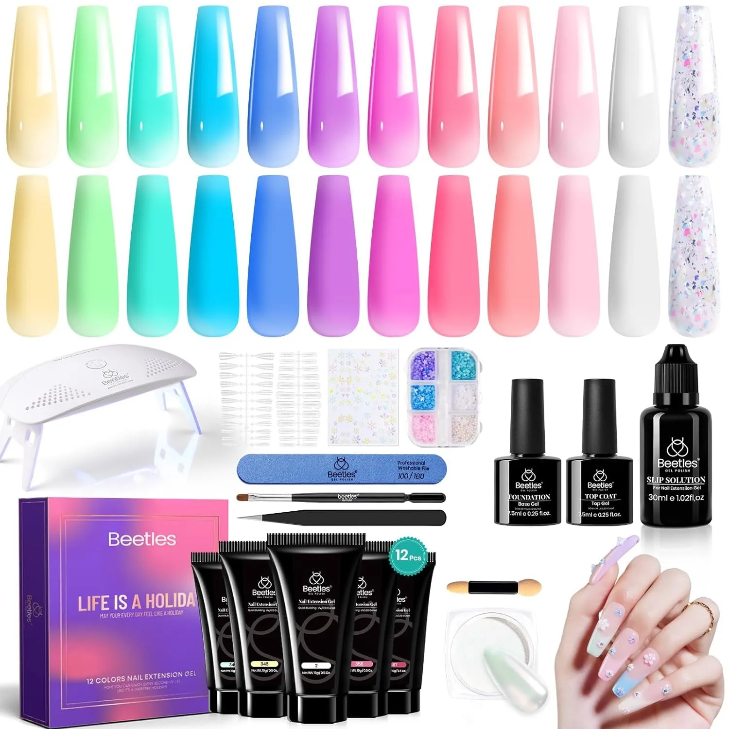 Beetles UV Nail Extension Gel Kit - 6 Vibrant Colors, Mini Lamp, Base & Top Coat - Ideal Gift for Nail Art