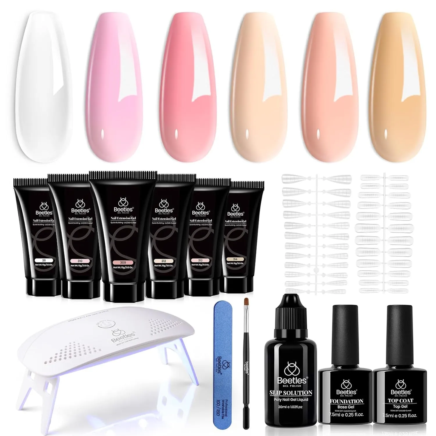 Beetles UV Nail Extension Gel Kit - 6 Vibrant Colors, Mini Lamp, Base & Top Coat - Ideal Gift for Nail Art