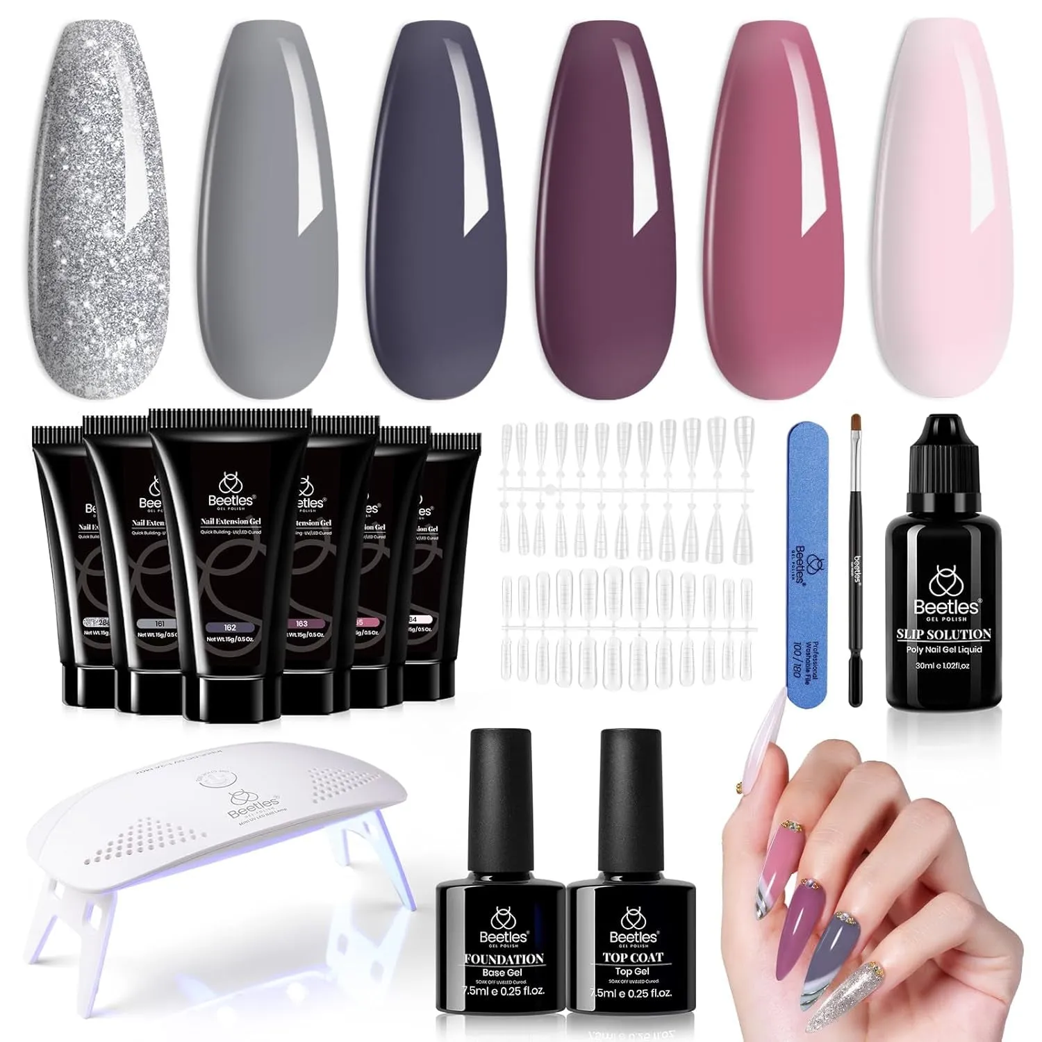 Beetles UV Nail Extension Gel Kit - 6 Vibrant Colors, Mini Lamp, Base & Top Coat - Ideal Gift for Nail Art