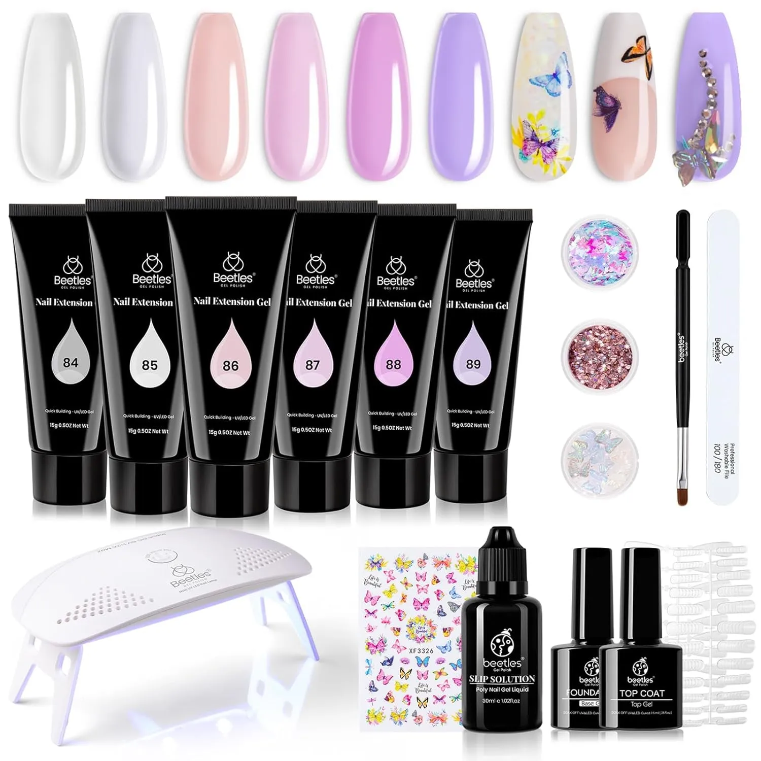 Beetles UV Nail Extension Gel Kit - 6 Vibrant Colors, Mini Lamp, Base & Top Coat - Ideal Gift for Nail Art