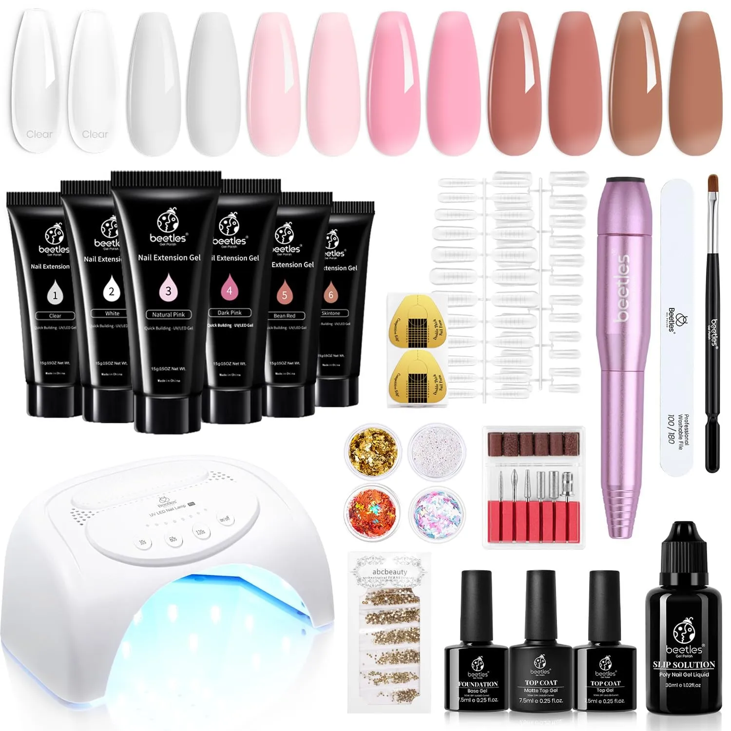 Beetles UV Nail Extension Gel Kit - 6 Vibrant Colors, Mini Lamp, Base & Top Coat - Ideal Gift for Nail Art