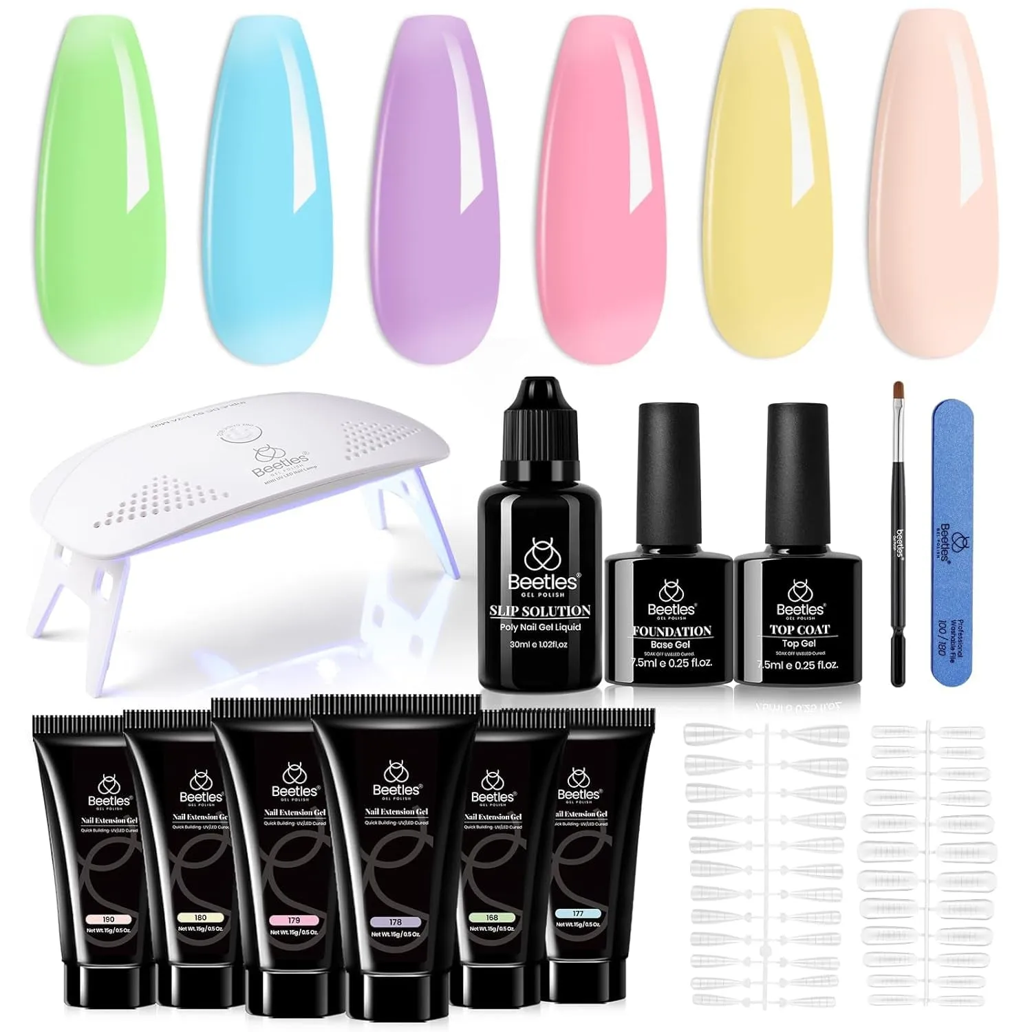 Beetles UV Nail Extension Gel Kit - 6 Vibrant Colors, Mini Lamp, Base & Top Coat - Ideal Gift for Nail Art