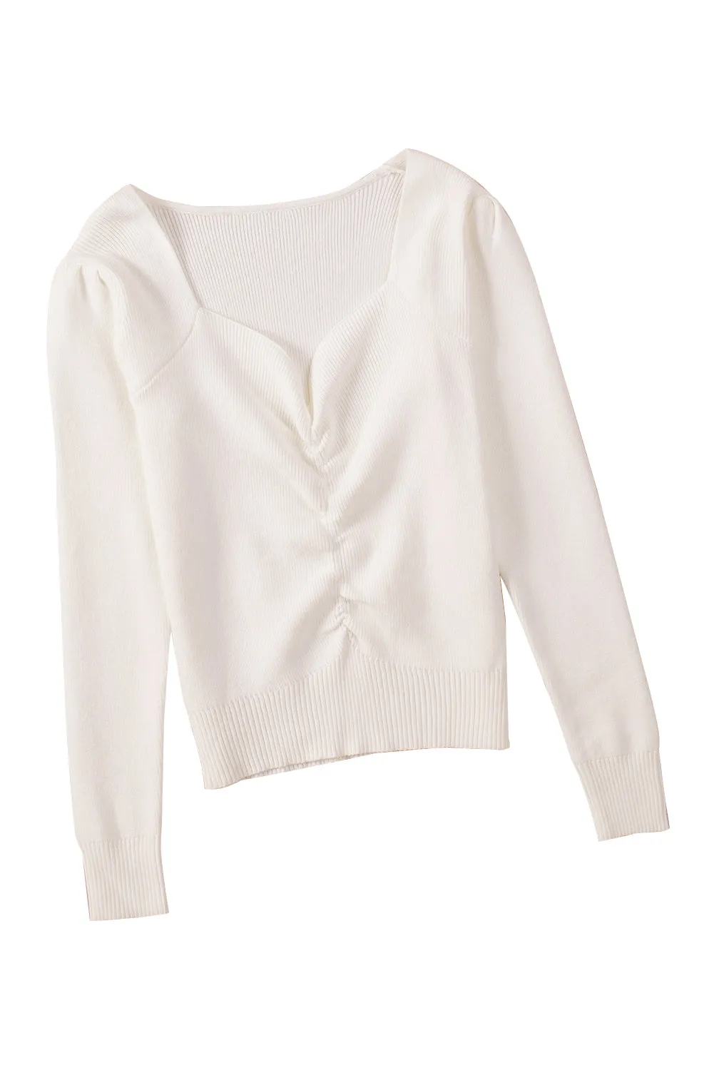 Beige Ruched Casual Rib Knit Sweater