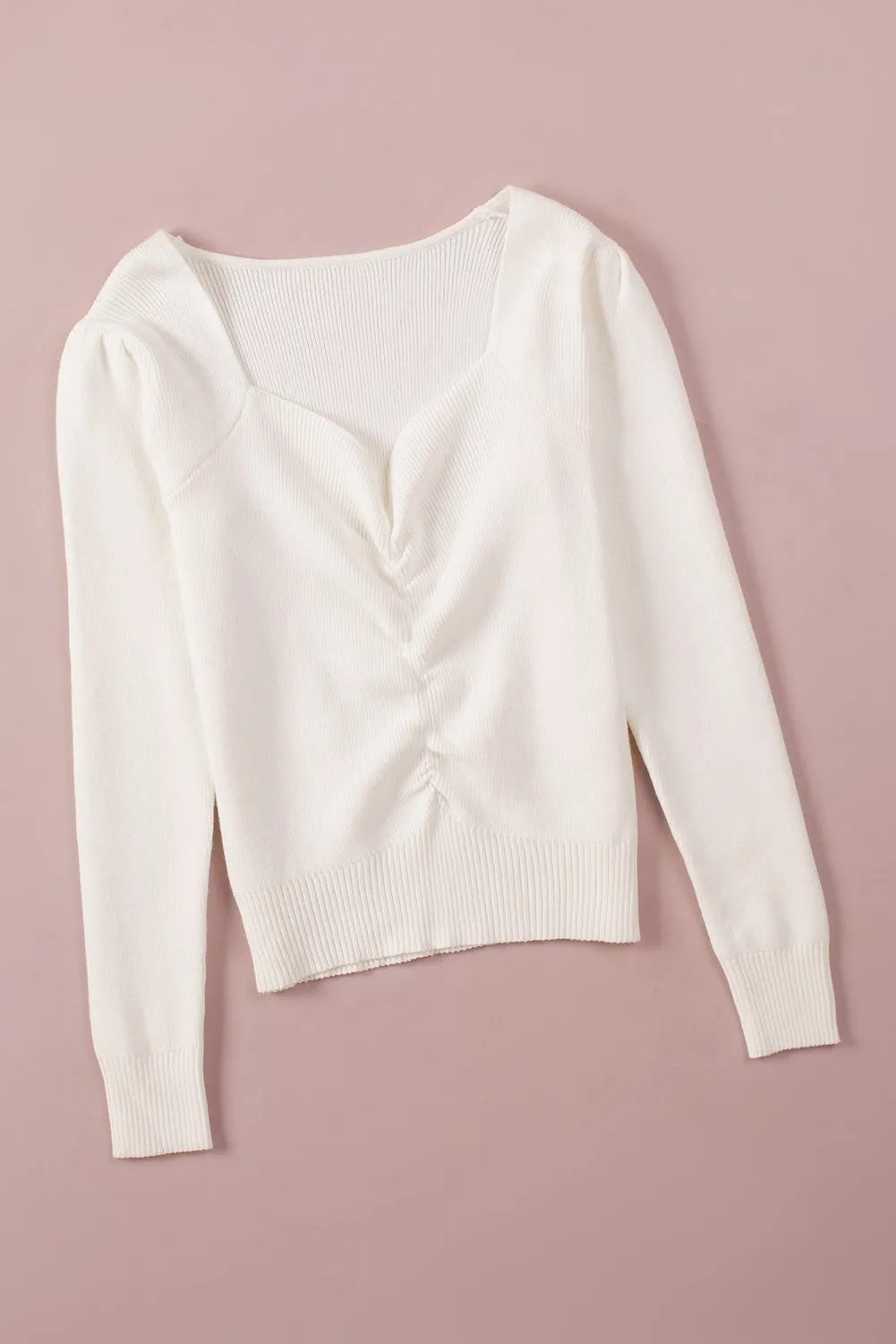 Beige Ruched Casual Rib Knit Sweater