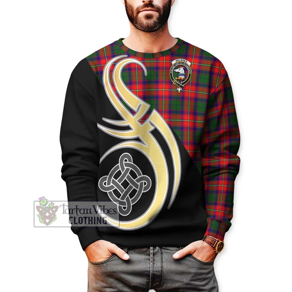 Belshes Tartan Sweatshirt with Family Crest and Celtic Symbol Style