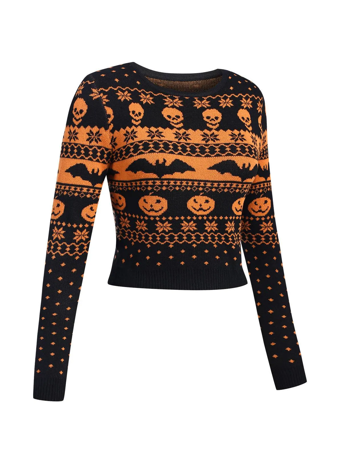 Black 1970s Halloween Skull Bat Crop Sweater