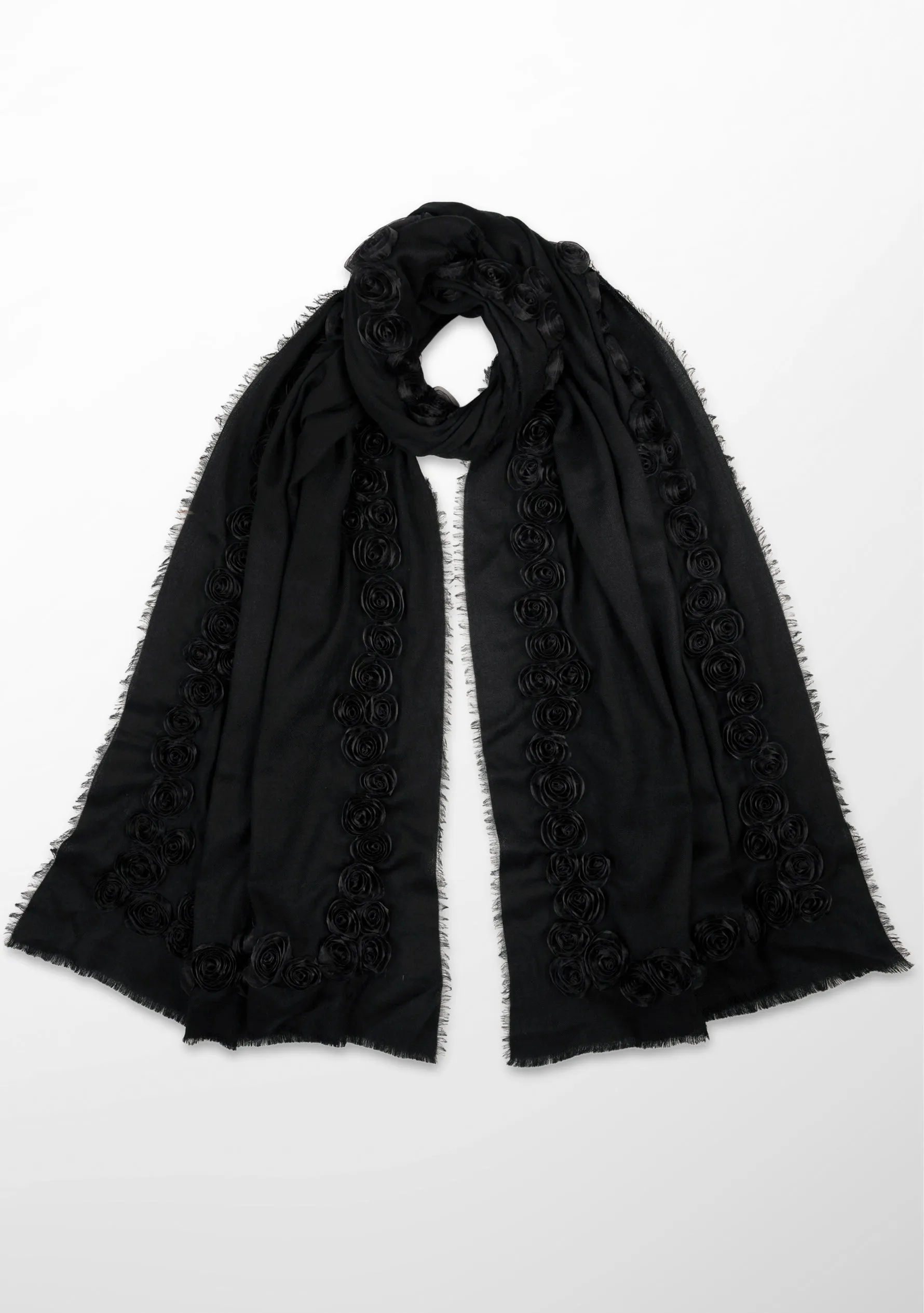 Black Cashmere Scarf with Black Ribbon Rose Border