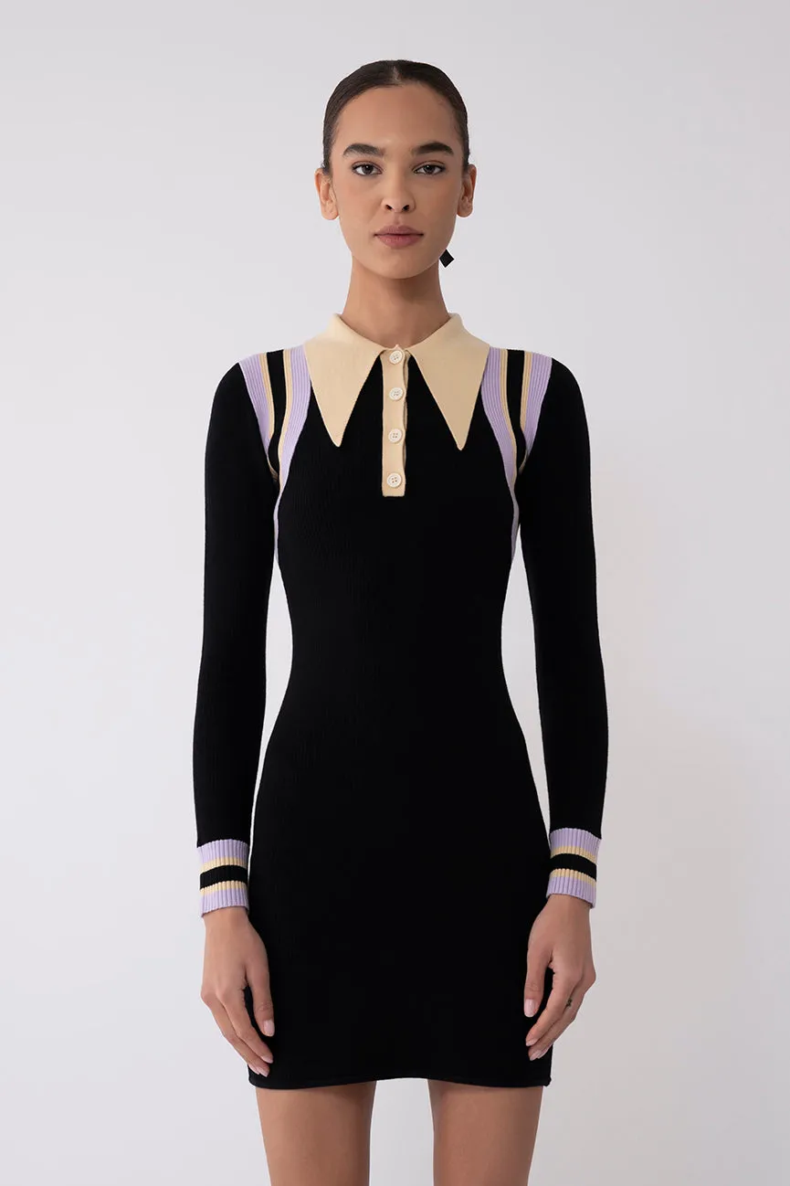 Black Chevron Peachskin Long Sleeve Mini Polo Dress