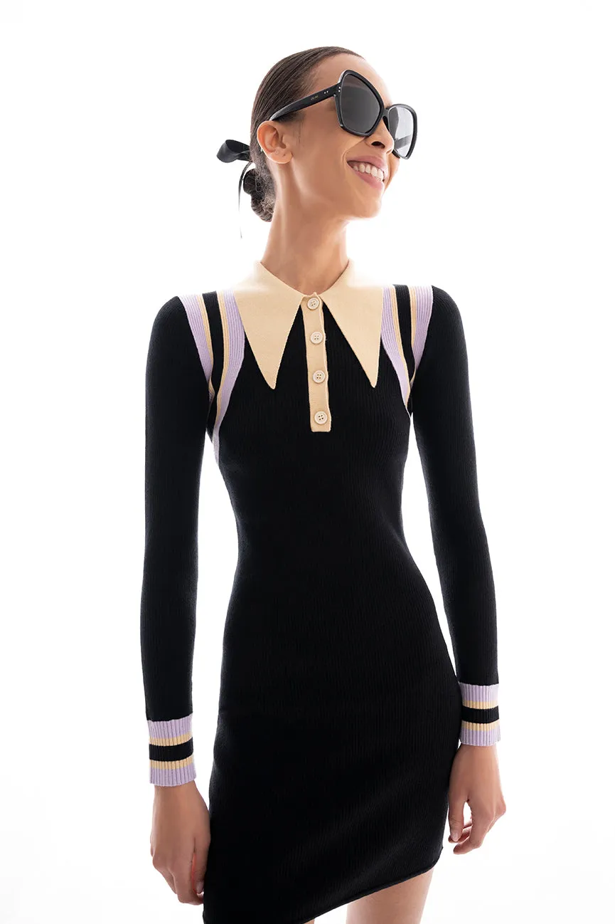 Black Chevron Peachskin Long Sleeve Mini Polo Dress