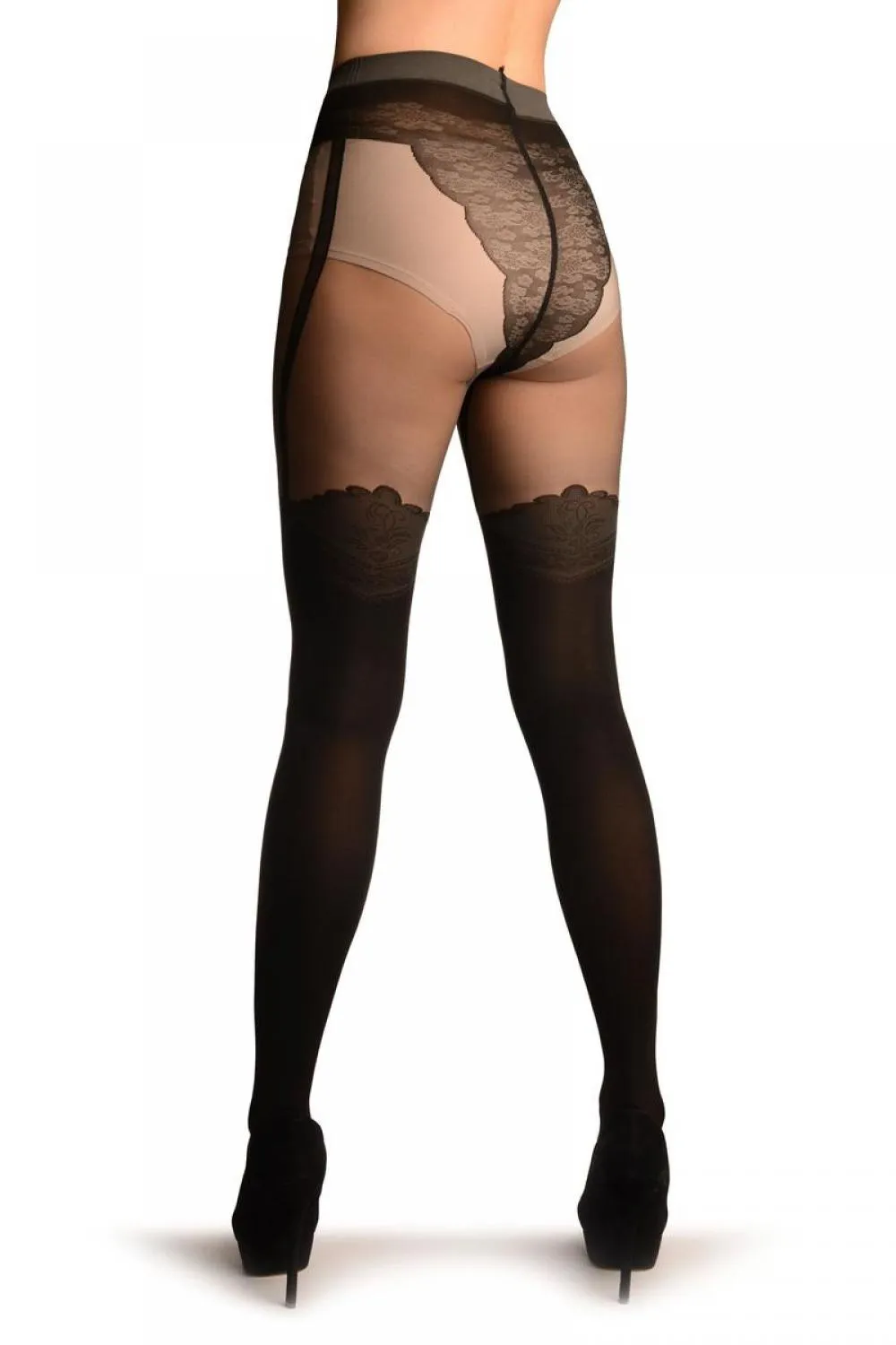 Black Faux Stockings With Suspenders & Sheer Top Tights