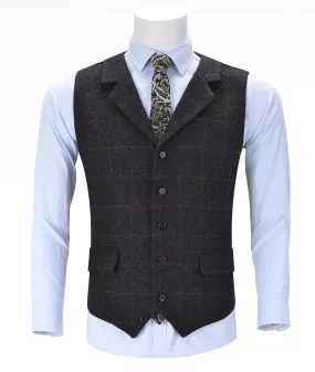 Black Formal Plaid Notch Lapel Waistcoat Slim Fit Suit Vest