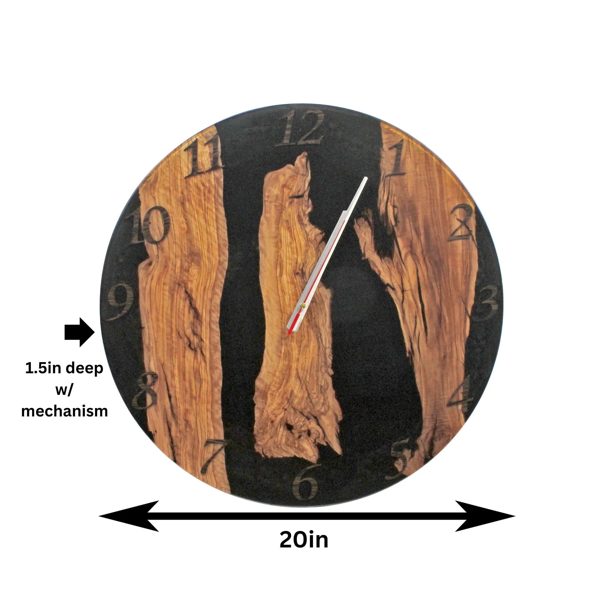 Black Frosted Resin Epoxy Wall Clock Live Edge Olive Wood - 20 Inches