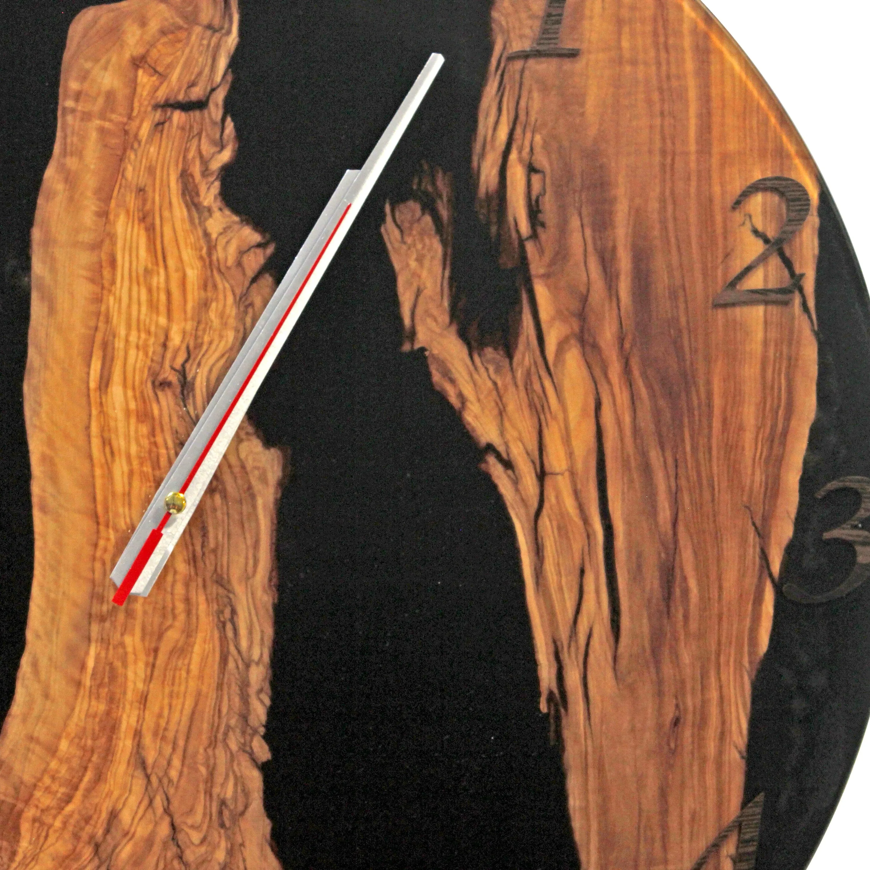 Black Frosted Resin Epoxy Wall Clock Live Edge Olive Wood - 20 Inches