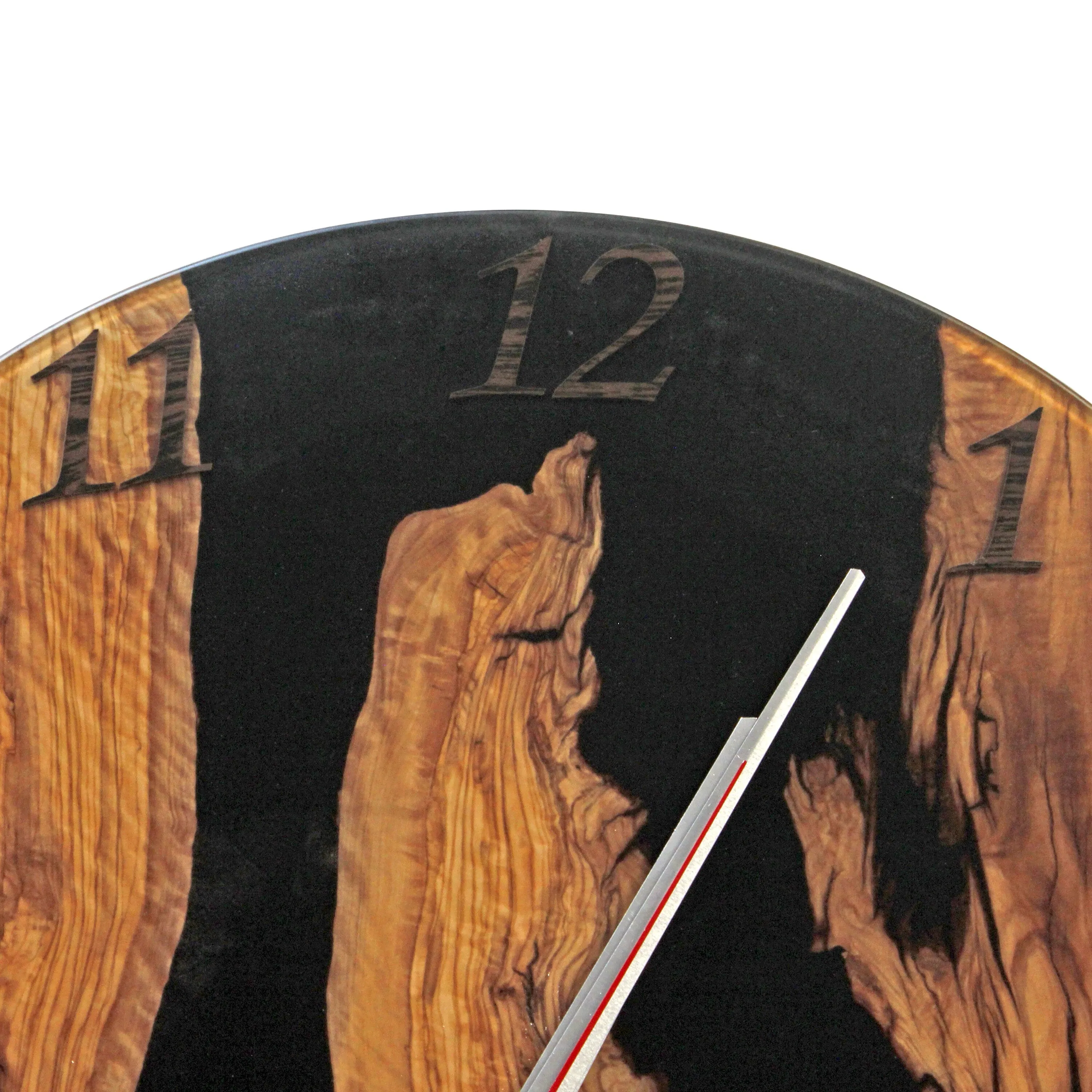 Black Frosted Resin Epoxy Wall Clock Live Edge Olive Wood - 20 Inches