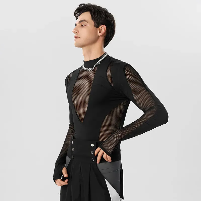 Black Mesh Patchwork Turtleneck Bodysuit