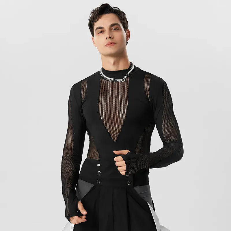 Black Mesh Patchwork Turtleneck Bodysuit