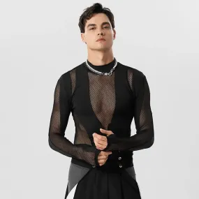 Black Mesh Patchwork Turtleneck Bodysuit