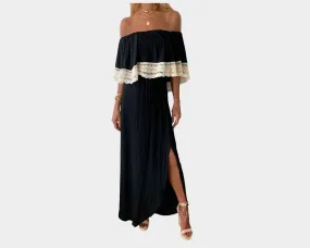 Black Slit Off-Shoulder Ruffle Lace Dress - The Monaco II