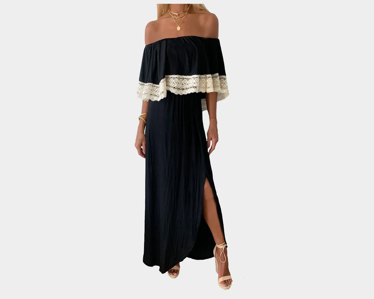 Black Slit Off-Shoulder Ruffle Lace Dress - The Monaco II